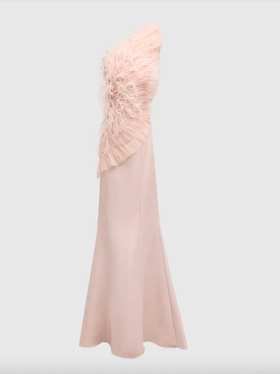 Badgley Mischka Dresses & Skirts - Badgley Mischka Blush Feather-Trim Strapless Maxi Gown